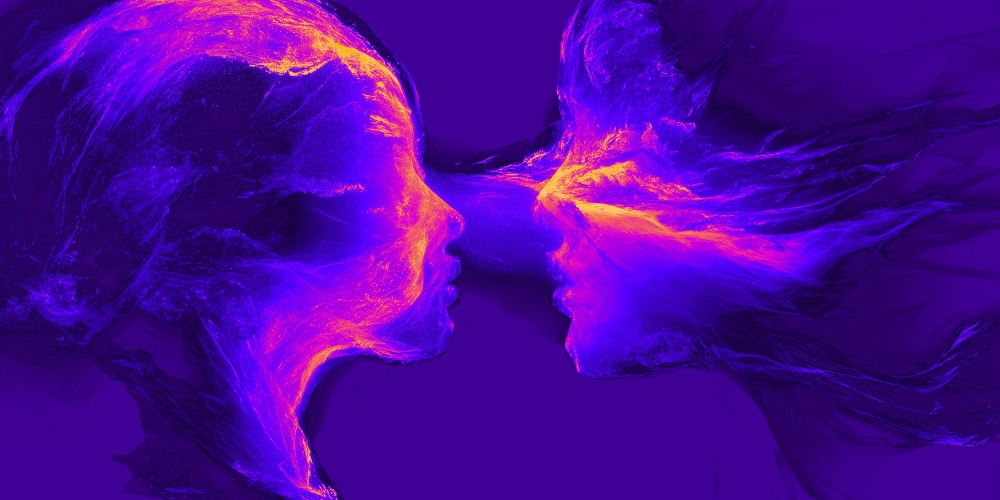 Abstrakte violett-orange Illustration zweier gegeneinander gerichteter, verschwommener Gesichter, die sich fast berühren, vor einem dunklen Hintergrund.